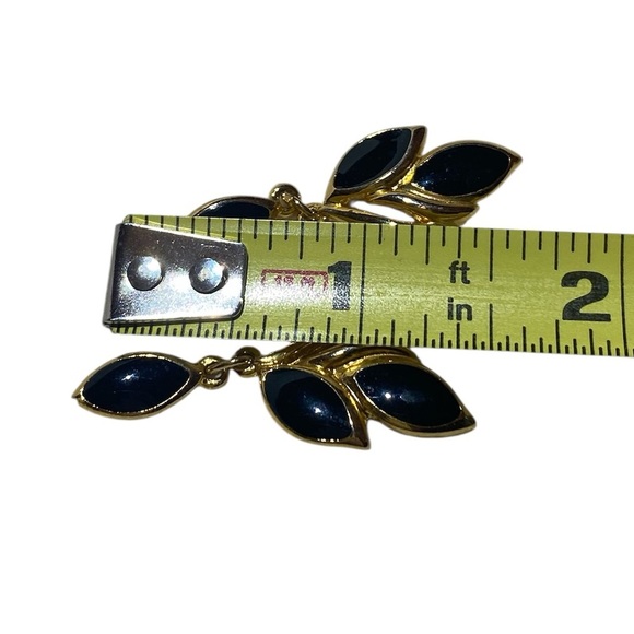 Gold and Black Drop Earrings with Two Leaf Design and Gold Accents - Picture 3 of 4